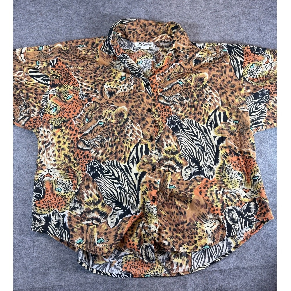 Vintage  Animal Print Shirt Womens 20W Leopard Zebra Psychedelic AOP Ms Caribou